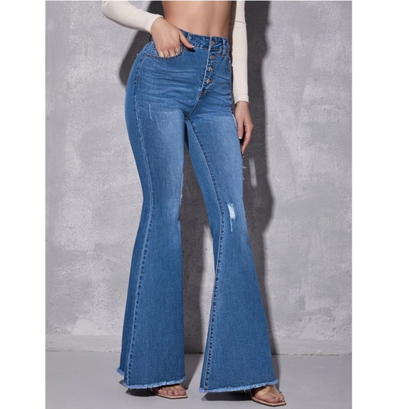 Flared Bell Bottom Jeans Distressed High Waist Blue Denim Button Fly - Picture 4 of 6